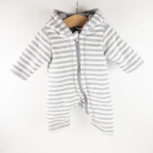 Hanna Andersson Striped Hooded Romper Baby 0-3 Months Grey‎ White Sherpa Lined